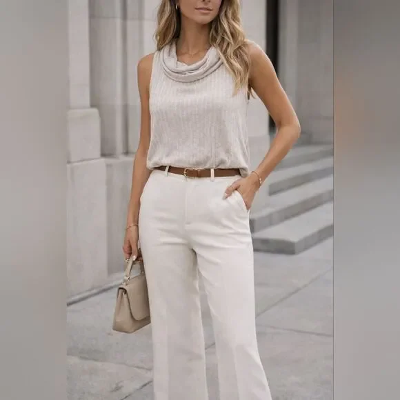 Cowl Neck M Sleeveless Beige Ribbed Knit Tank Top Pullover Stretch Quiet Luxury - Picture 1 of 7